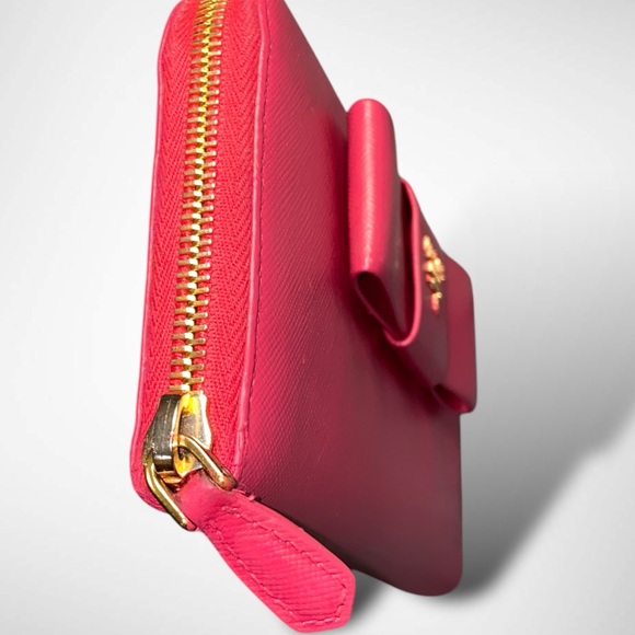 3$ start!! Prada Pink Saffiano Leather Bow Zip Around Wallet with Box Auth card - Picture 11 of 16